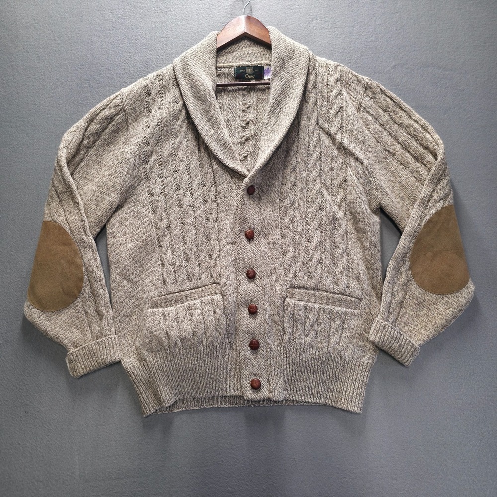 Vintage Orvis Men Wool Blend Cardigan Cable Knit Sweater Leather Elbow Large USA